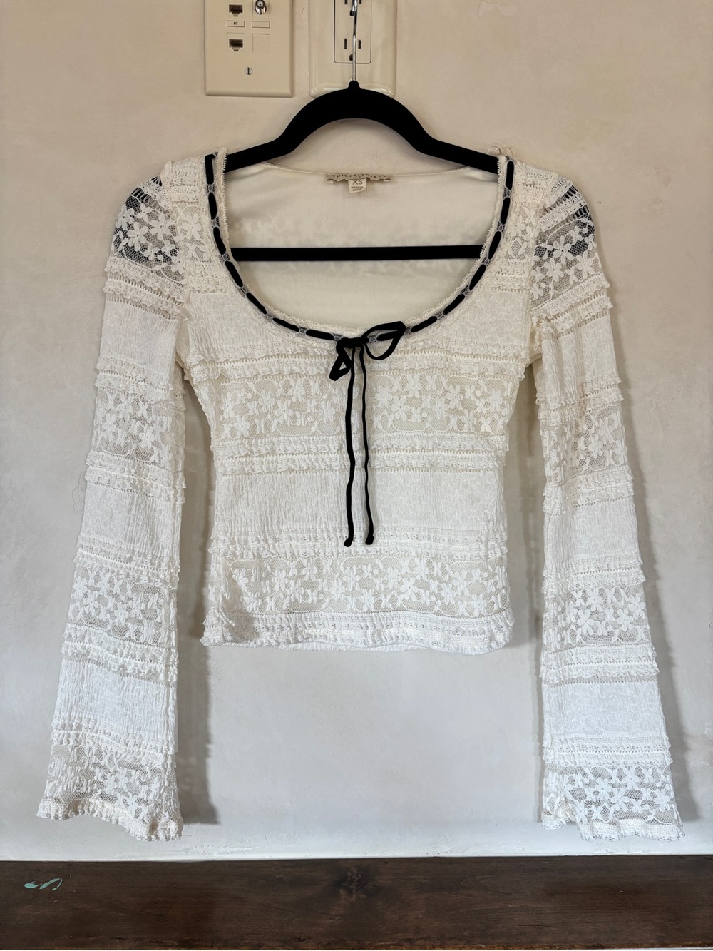 White Lace Tie-Neck Long Sleeve Blouse